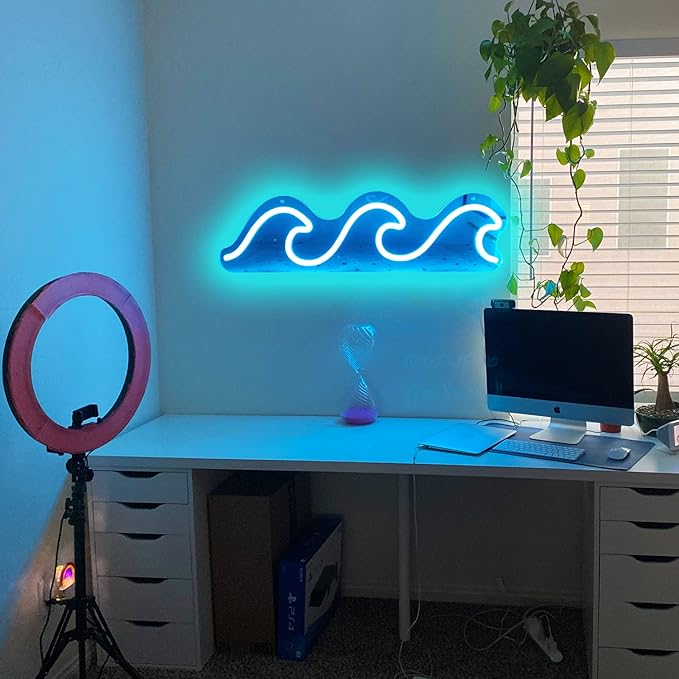 Wave Neon Signs for Bedroom Ice Blue Dimmable Wave Neon Light Art Wall Decor Wave Neon Signs for Wall Decor Living Room Bedroom Office Bar Birthday Party Christmas(16.5 X 5.1 Inch)