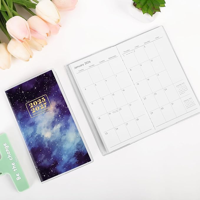 Pocket Calendar 2025-2027, Purse Monthly Planner, Runs from June 2025 Until December 2027, 3.7" x 6.7", Pocket Calendar with Star PVC Cover for Office