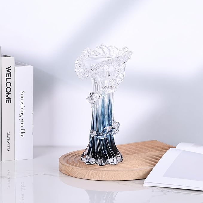 Hand Blown Blue Glass Vase, Unique Art Beautiful Ocean Glass Vase for Home Centerpiece, Coffee Table, Living Room, Office Decor - 9.8" H (Medium)