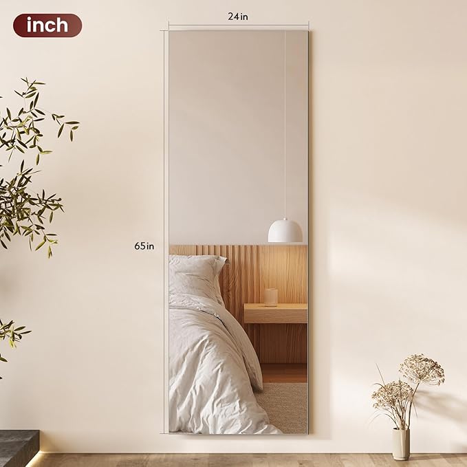 Kosmonia 65x24 Frameless Full Length Silver Coating Mirror w/Distortion Free, HD Reflection &Anti Desilvering, Tempered Glass & Shatter Proof Film Doubling Safety, Easy Setup w/Stand, Wall/Standing