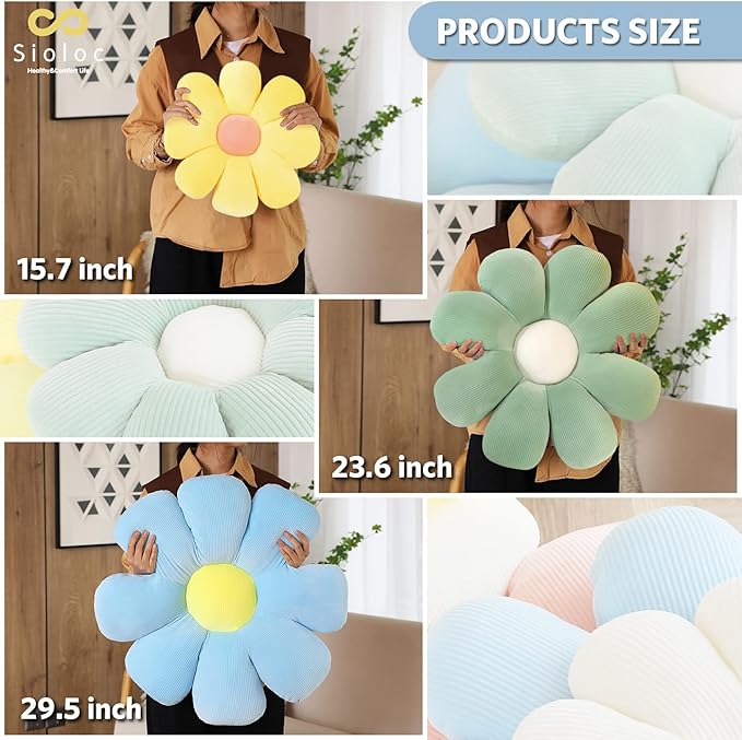 Sioloc Flower Pillow, Shaped Throw Pillow Butt Cushion Floor Seating Cushion, Cute Room Decor & Plush Pillow for Bedroom Sofa Chair (Blue, 23.6" )