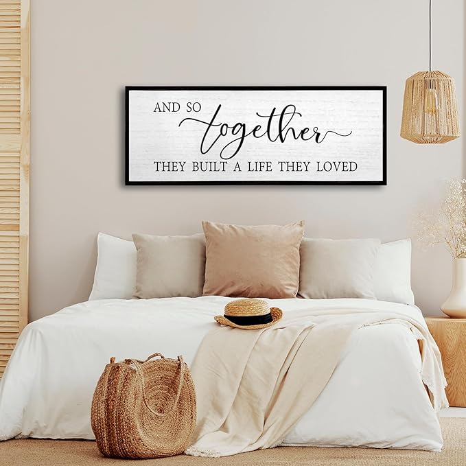 And So Together They Built A Life They Loved Wall Decor 40”X15” Rustic Master Bedroom Large Wood Framed Sign Above Bed Modern Farmhouse Quotes Couple Wall Art Over Bed Hanging Decoration (Black)