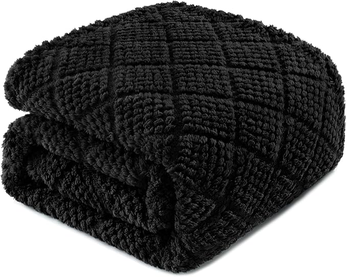 Whale Flotilla Fuzzy Fleece Throw Blanket for Couch, Bed, Soft Fluffy Jacquard Waffle Blankets for All Season, Lightweight and Warm, 50x60 Inch, Black