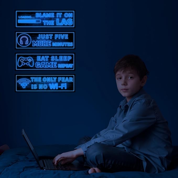 Eat Sleep Game Wall Decals Glow in The Dark, Gamer Controller Stickers Decor for Boy Bedroom, Joystick Video Gaming Kids Playroom Nursery Decoration (Blue)