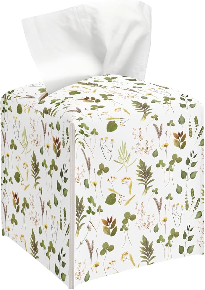 Leaves Tissue Box Cover, Green Tissue Holder Square with Bottom Belt for Home Bathroom Office Vanity Countertop, Housewarming Gifts Ideas for Women Friends Mom Bestie -03