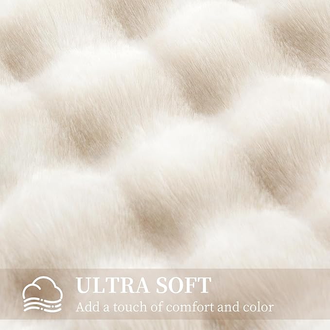 Faux Rabbit Fur Throw Blanket for Couch, Fluffy Warm Plush Thick Bubble Blanket for Bed Sofa Living Room, Soft Cozy Furry Blanket, 60x80 inches, Cream White