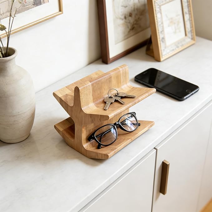 Wooden TV Remote Holder & Eyeglass Stand-Decorative Remote Control Holder Bedside Organizer for Coffee Table, Multi-functional Remote Caddy with Reading Glasses Storage (Wooden)