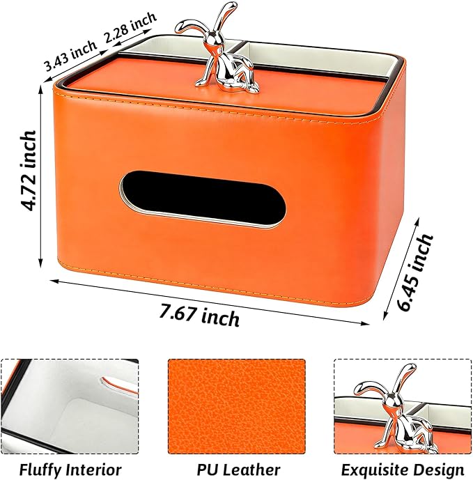 PU Leather Tissue Box Cover Square - Multifunctional Tissue Box Holder with Storage, Tissue and Remote Control Holder Organizer with Compartments for Bedroom Nightstand, Desk, Living Room (Orange)