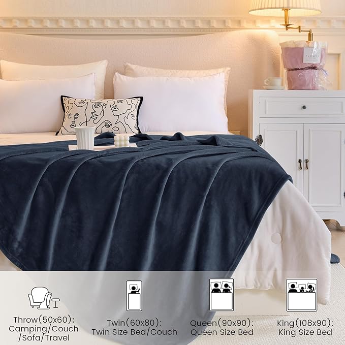 Twin Fleece Blankets for Women, Silky Flannel Fuzzy Blanket for All Season, Cozy Lightweight Blanket for Couch, Bed, Sofa, 60" x 80", Navy Blue, Twin