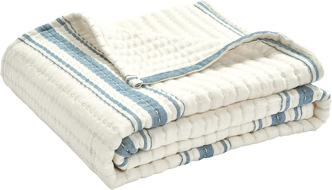 Lush Decor Farmhouse Stripe Kantha Pick Stich Yarn Dyed Cotton Woven Throw Reversible Ticking Pinstripe Design Blanket, 50" x 60", Blue