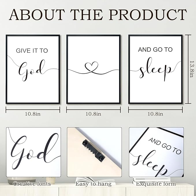 Bnesi Large 3 PCS Bedroom Wall Decoration Give It To God and Go To Sleep Sign Bedroom Wall Decor Set Black And White Wall Art for Bedroom Wall Decor Above Bed Unique Wall Art (God)