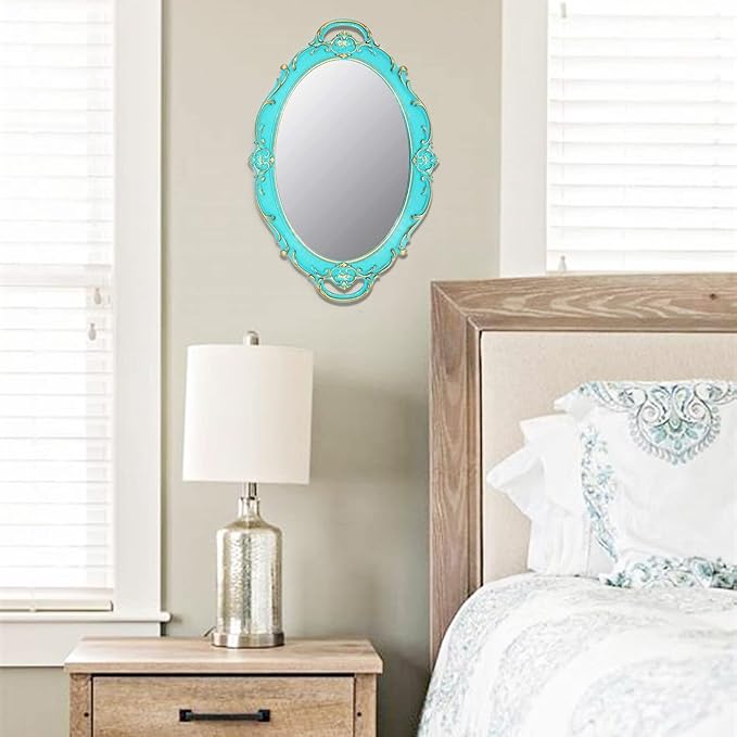 Vintage Small Mirror 14.5 x 10 Inch Oval Blue Wall Mirror