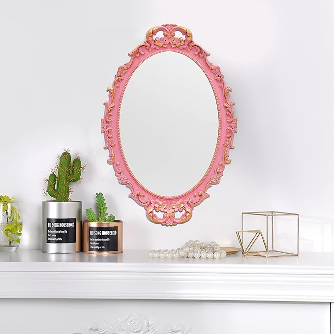 Vintage Decorative Pink Framed Mirror, Wall Hanging Mirrors & Tabletop Tray for Bedroom Living Room Dresser Decor, Oval- 9.6" W x 14.3" L (Pink)