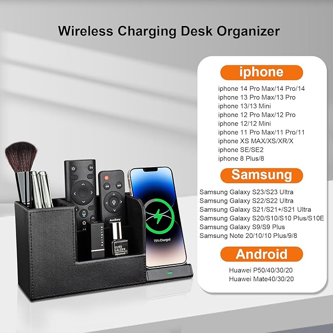 KINGFOM PU Leather Desk Organizer Pen Pencil Holder with Wireless Charger Stand for iPhone, Rectangular tissue box cover, Pocket Business Cards Holder Black-5PCS/SET