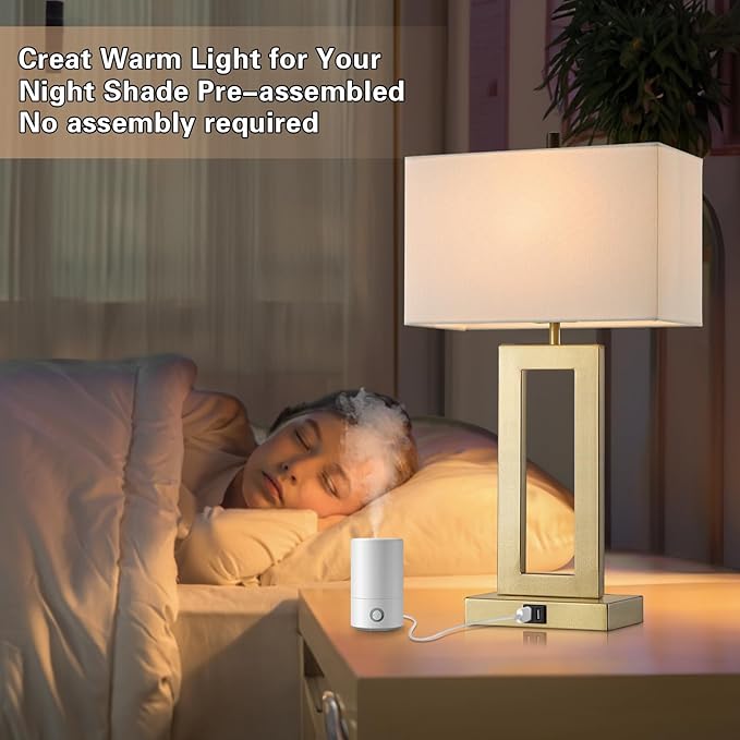 Gold Table Lamps Set of 2 with Dual USB Ports,3-Way Dimmable Touch Control Bedside Lamps,22inch Tall Modern Bedroom Table Lamp for Living Room,Nightstand LED Bulbs Included