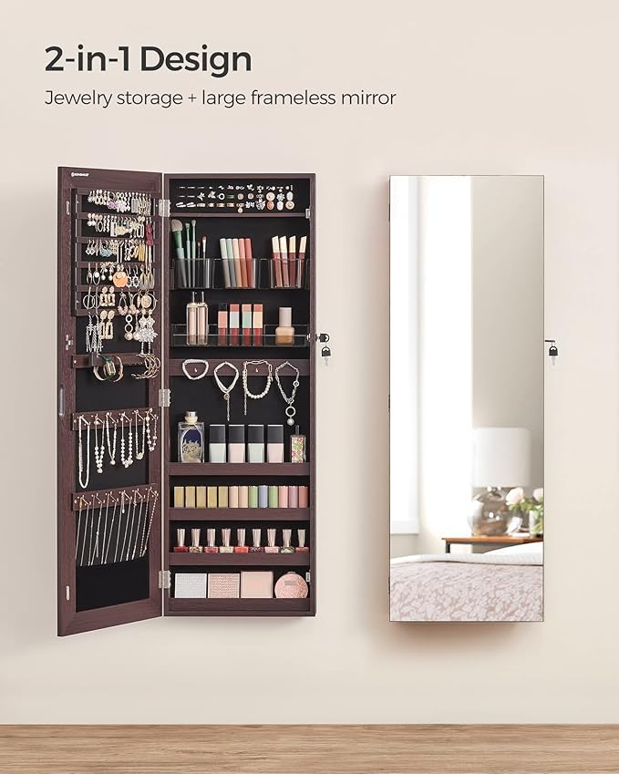 SONGMICS Jewelry Cabinet Armoire, Lockable Wall-Mounted Organizer Unit with 2 Plastic Cosmetic Storage Trays, Full-Length Frameless Mirror, Brown UJJC001K01
