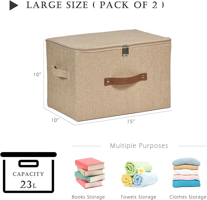 2 Pack Storage Bins with Zipper Lid Cotton Linen Fabric Lidded Storage Baskets Boxes Foldable Washable Closet Shelf Clothes Organizer Container with PU Leather Handles (Linen, Large)
