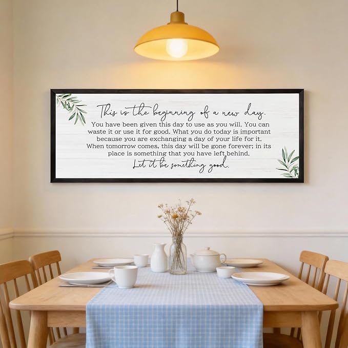 The Beginning of a New Day Wall Art – 40x15 Inch Wooden Framed Inspirational Sign with Motivational Message, Large Rustic Wood Frame Wall Decor for Living Room, Office, Entryway, Black