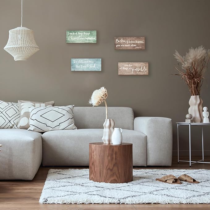 ZONWUTHY 4 Pieces Bible Verses Wall Decor Rustic Wooden Christian Signs Farmhouse Religious Decor for Home Motivational Prayer Wall Art for Living Room Office Bedroom Bathroom(Fresh,10x4)