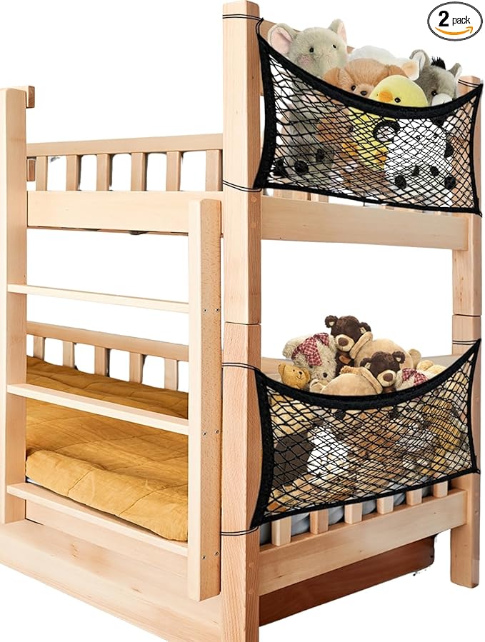 Stuffed Animal Storage Net for Kids, 2 Pack Bedside Toy Organizer Net - Neatly Store Your Stuffed Animals, Elastic Bedside Stuffed Animal Storage Net with Tether, Stretches up to 32 Inches