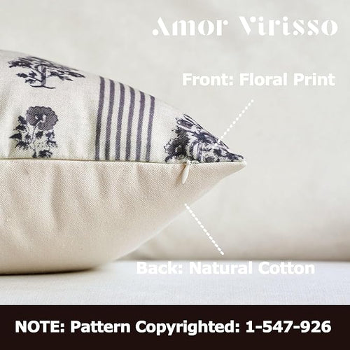 Amor Virisso Floral Throw Pillow Covers 24x24 Set of 2 Block Print Pillow Covers Neutral Floral Striped Farmhouse Decorative Pillow Covers for Sofa Couch Bed, Light Taupe