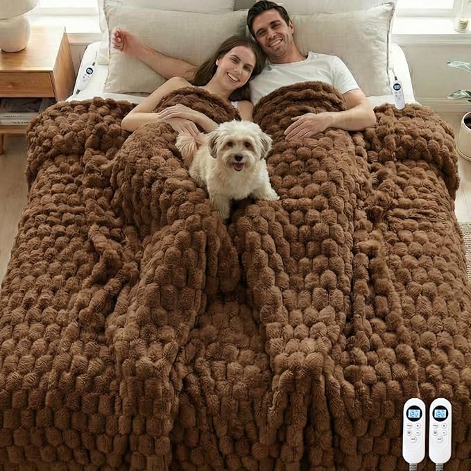 Heated Blanket Electric Blanket Heating, Dual Control Soft Ribbed Faux Fur Electric Blanket with 12 Heat Levels 12H Timer ETL FCC Certified Machine Washable (Camel, King Size - 90" x 100")