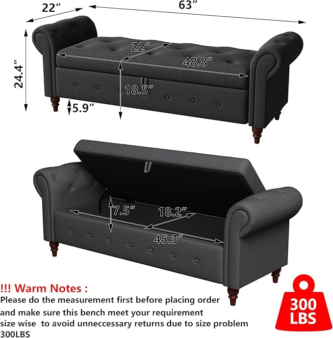 Aoowow Rolled Arm Storage Benches for Bedroom End of Bed Ottoman Bench 63" Long Bench with Storage and Seating for Living Room,Entryway,Window,Button Tufted with Solid Wood Legs (Linen Dark Grey)