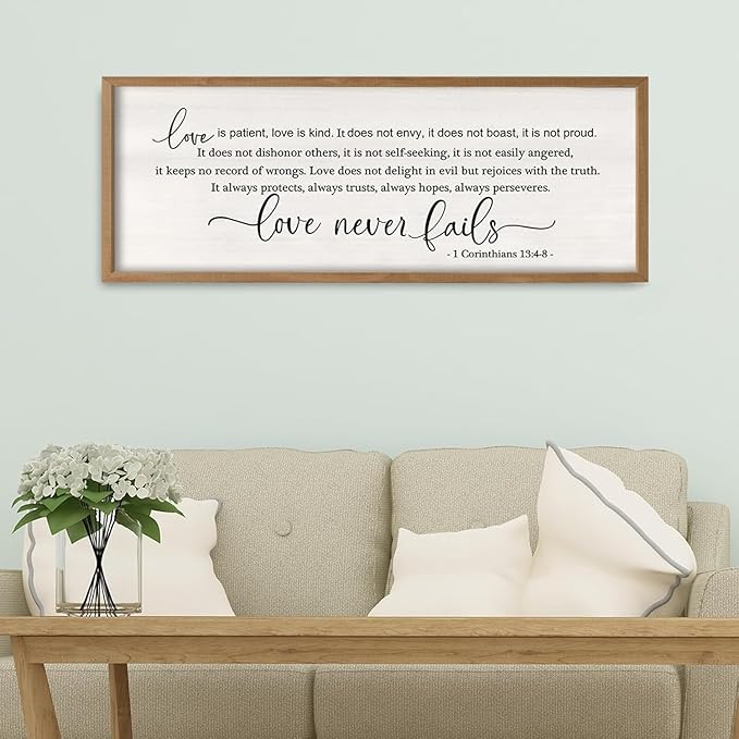 Foutcheou Love Is Patient Love is Kind Wall Art, 32"X12" Wood Framed Bedroom Above The Bed Wall Decor, Large Horizontal Dining Room Christian Bible Verse Hanging Sign for Home Family, Natural