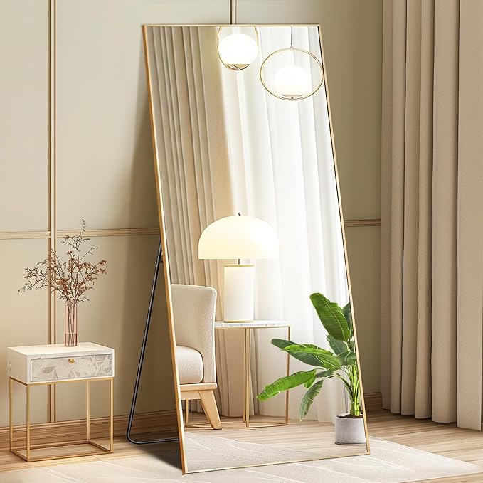 Mirror Full Length, Upgraded Body Wall Mirrors with Shatter-Proof Glass, Floor Standing, Hanging or Leaning, Tall Mirror with Stand Aluminum Alloy Frame for Bedroom