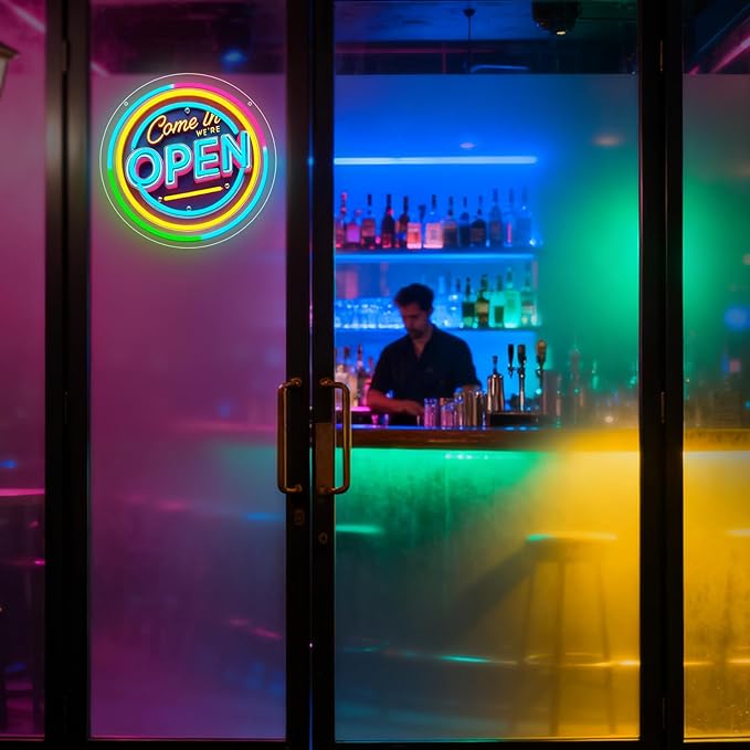 Neon Open Sign for Business, 13 * 13'' Colorful Adjustable Brightness Come in We’re Open Sign for Business Walls Window Party Bar Salon Shop Hotel