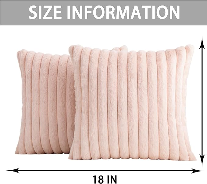Aegero Pack of 2 Faux Fur Christmas Throw Pillow Covers 18x18 Inch, Soft Plush Striped Neutral Couch Pillow Cover, with Velvet Back Modern Home Decor for Sofa Living Room Couch Bed Light Pink