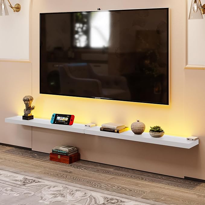 BAMEOS Floating Shelves with Lights, 35" White Wall Mounted Wood Shelves with Invisible Brackets, Set of 2, Display Wall Shelves Decoration for Bedroom, Bathroom, Living Room, Kitchen Storage