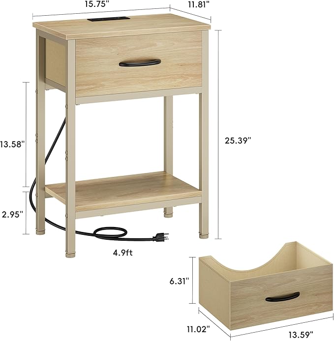 Vagusicc Nightstand Set of 2 with Charging Station, Bed Side Table with Fabric Drawer, Small End Table with 2-Tier Storage Shelves, 25.4" Tall Bedside Table, Night Stand for Bedroom Dorm, Natural