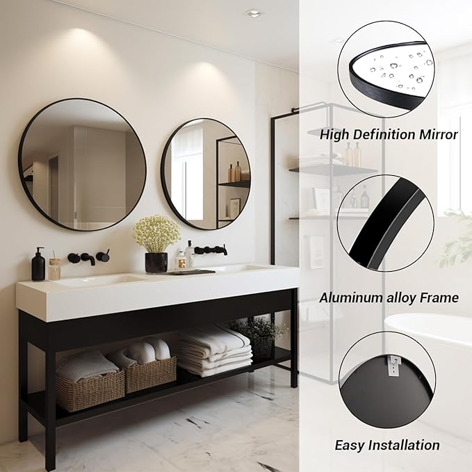 Black Round Mirror 24 inch, 2 Pack Black Circle Mirror, Round Bathroom Mirrors Metal Frame for Bathroom, Bedroom, Living Room, Hallway.