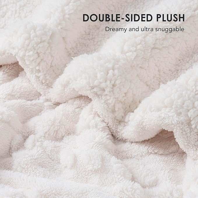 EverGrace Classic Cable Jacquard Sherpa Fleece Throw Blanket for Couch, Soft Cozy Fuzzy Plush Blankets for All Seasons, Reversible Thick Warm Blanket for Bed, Sofa, Bleach White, 50" x 60"
