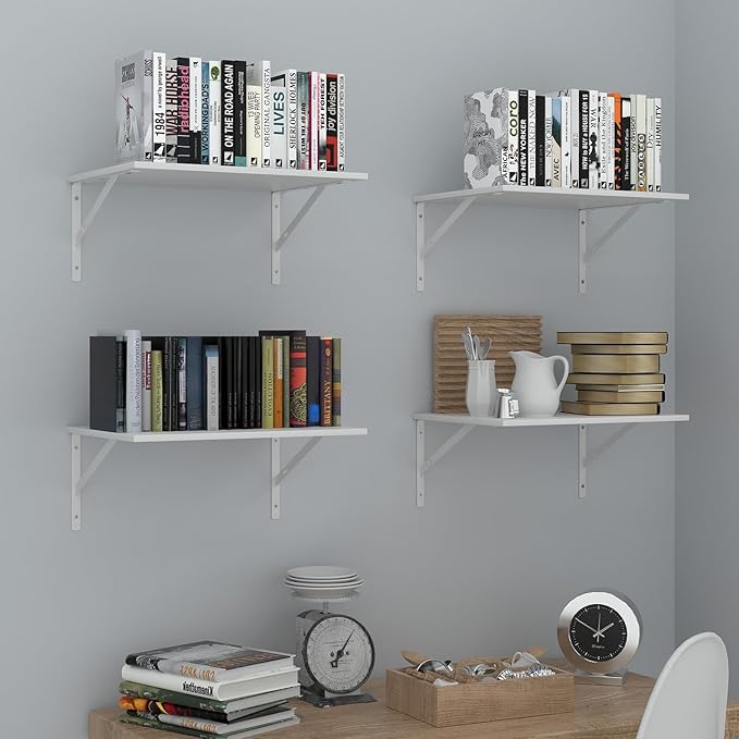 Deep Floating Wall Shelves - 4 Sets of 12 Inch Wide White Wood Shelves for Bathroom, Bedroom, Kitchen, Living Room