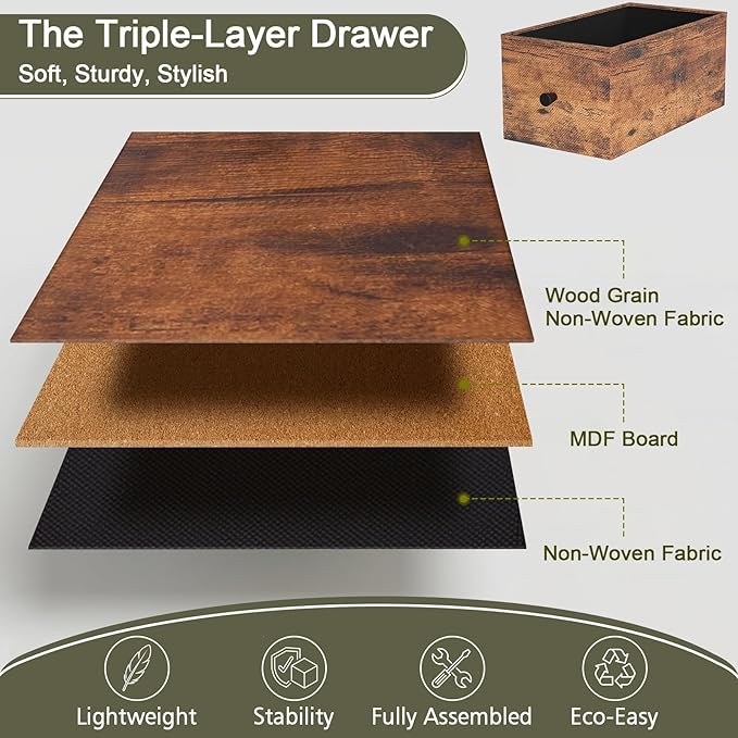 Narrow End Table Living Room with Charging Station, Skinny Side Table with Fabric Drawers, Slim Nightstand for Bedroom, Small Spaces, Couch, Rustic Brown, HETNDP03PBR-1