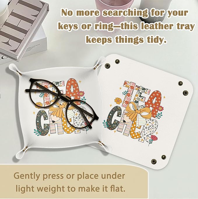 Teacher Appreciation Gifts Jewelry Valet Tray for Women, Gifts for Teacher PU Leather Catchall Beside Caddy Nightstand Organizer Tray for Jewelry Rings Watches and Accessories, 7.87x7.87in