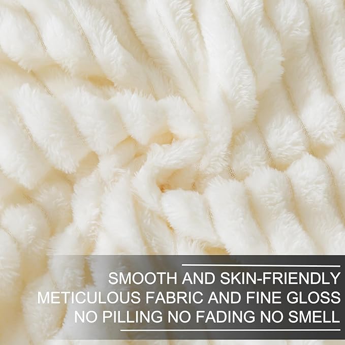 Richave Cuddly Blanket Queen Size,Premium Lightweight Anti-Static Fluffy Fleece Blanket with Striped Pattern for Queen Full Bed, 90x90 Inches,Cream