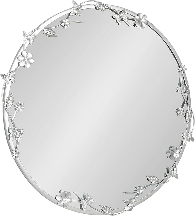 Kate and Laurel Rosella Modern Ornate Round Wall Mirror, 26 Inch Diameter, Silver, Circle Mirror with Floral Detailing for Use as Bathroom Mirror for Over Sink or Cute Kids Room Decor