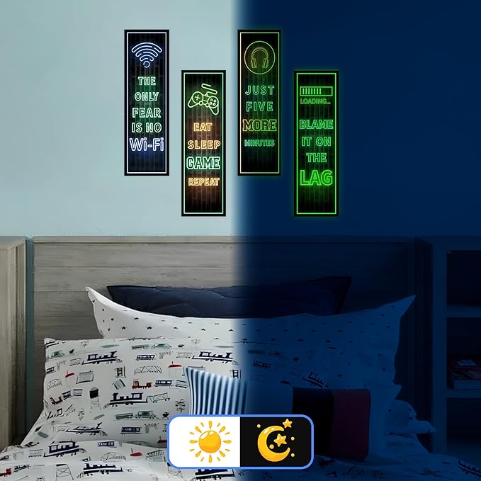 Eat Sleep Game Wall Decals Glow in The Dark, Gamer Controller Stickers Decor for Boy Bedroom, Joystick Video Gaming Kids Playroom Nursery Decoration (Green)
