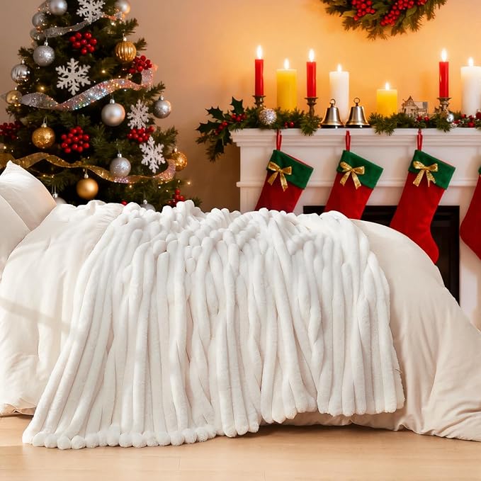 Lotus Karen Blanket for Bed Queen Size, Cozy Soft Fluffy Fuzzy Cream White Blanket, Striped Warm Thick Furry Plush Shaggy Large Blankets for Women, 90x90 Inches