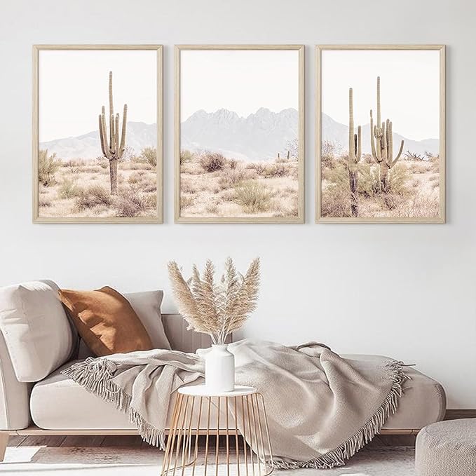 Sonoran Desert Landscape Wall Art Cactus Arizona Canvas Wall Decor Desert Poster Pictures Saguaro Cactus Art Prints Landscape Painting for Home Bedroom 12x16 Inch Wood Framed Set of 3