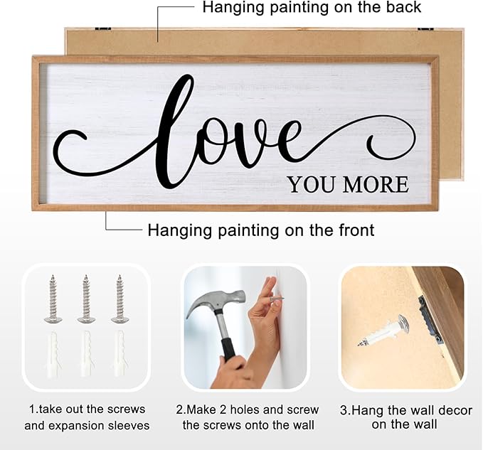 Love You More Decorative Rustic Sign & Plaque Framed Wall Art for Couples, 40''×15'' Vintage Cottagecore Wooden Horizontal Love Quote Home Decor Above Bed for Living Room, Farmhouse Wedding Gift