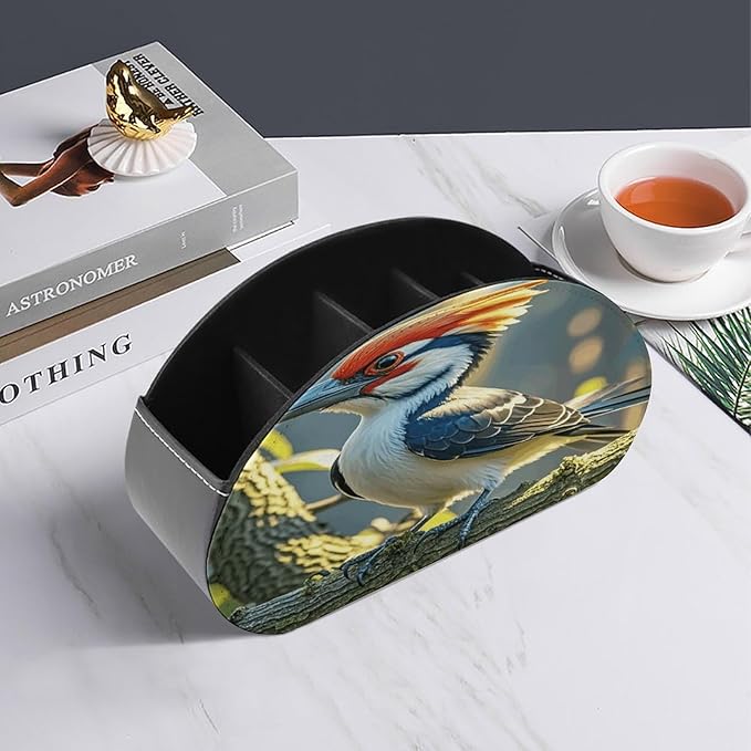 Cute Pileated Woodpecker Remote Control Holder Organizer Box with 5 Compartment PU Leather Bedside Storage Caddy Remote Organizer for Controller Media Player Pen/Pencil Storage