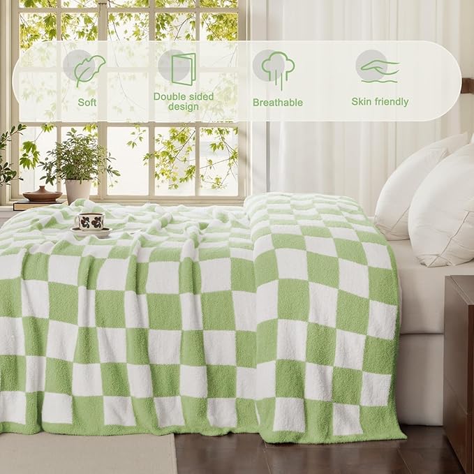 Whale Flotilla Checkered Knit Blanket Queen Size, Ultra Soft Warm Reversible Cozy Decorative Blankets for Couch Sofa and Bed, 90x90 Inch, Light Green