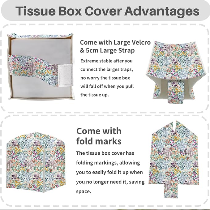 Tissue Box Cover, Tissue Box Holder, Square with Belt Bottom, PU Leather Decorative Organizer for Desk, Tabletop, Countertop Bathroom, Toilet Car, Office, Dresser Bedside, Aesthetic Wildflowers Decor