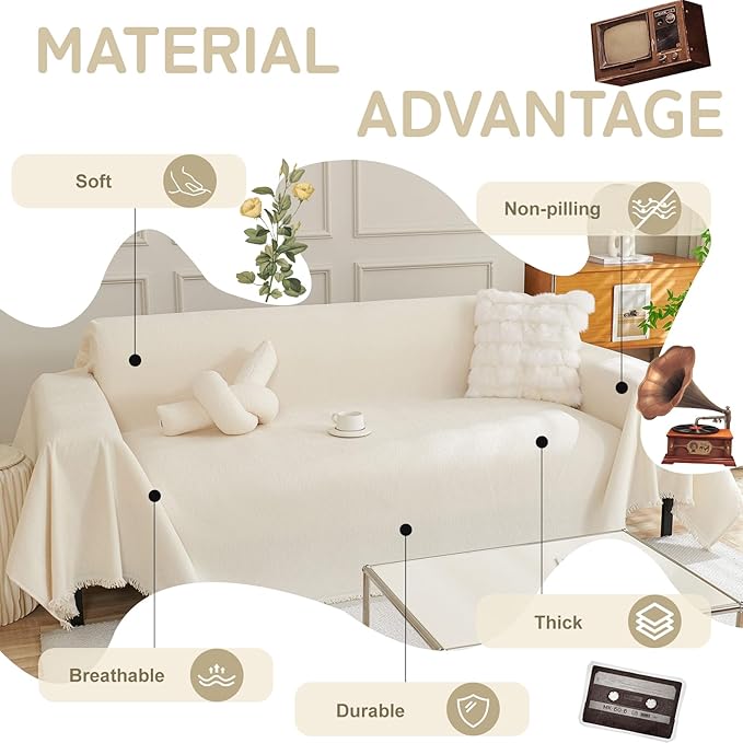 HANDONTIME Beige Sofa Cover with Tassels, Soft & Thick Couch Slipcover for 3 Cushion Sofa Pet-Friendly, Chenille Pet Covers for Couches and Sofas Washable, Cream Sectional Sofa Protector, 71"x118"