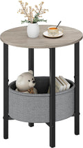 Vagusicc Round Side Table End Table with Storage Basket, Small Side Table Round Nightstand for Small Spaces, Tall Oval End Table with Steel Frame, Coffee Bedside Table for Living Room Bedroom, Greige