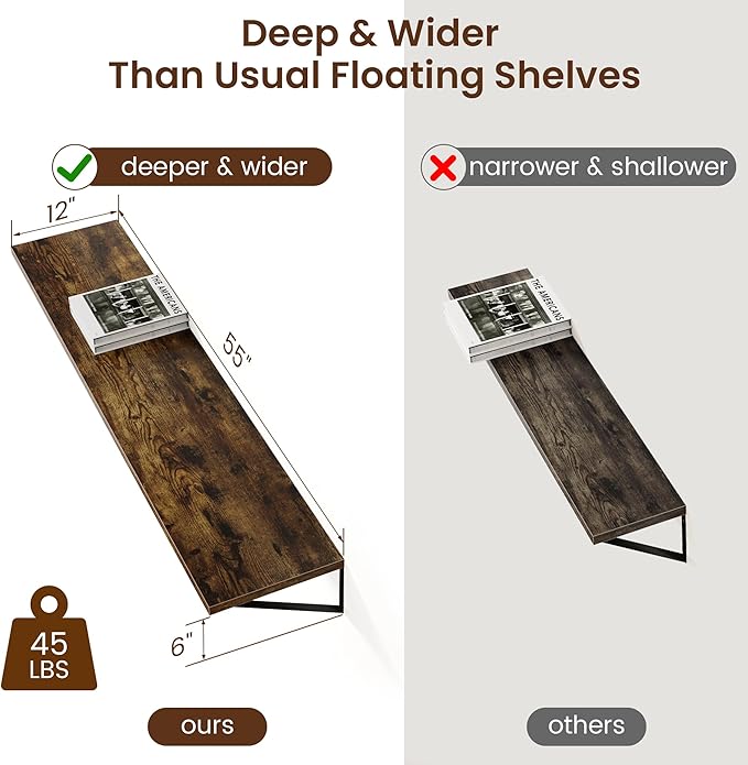 Axeman 12 Inch Deep Floating Shelves for Wall - 55 Inch Wide x 12 Inch Deep Wall Shelves Set of 2 - Rustic Wood Floating Shelves for Living Room